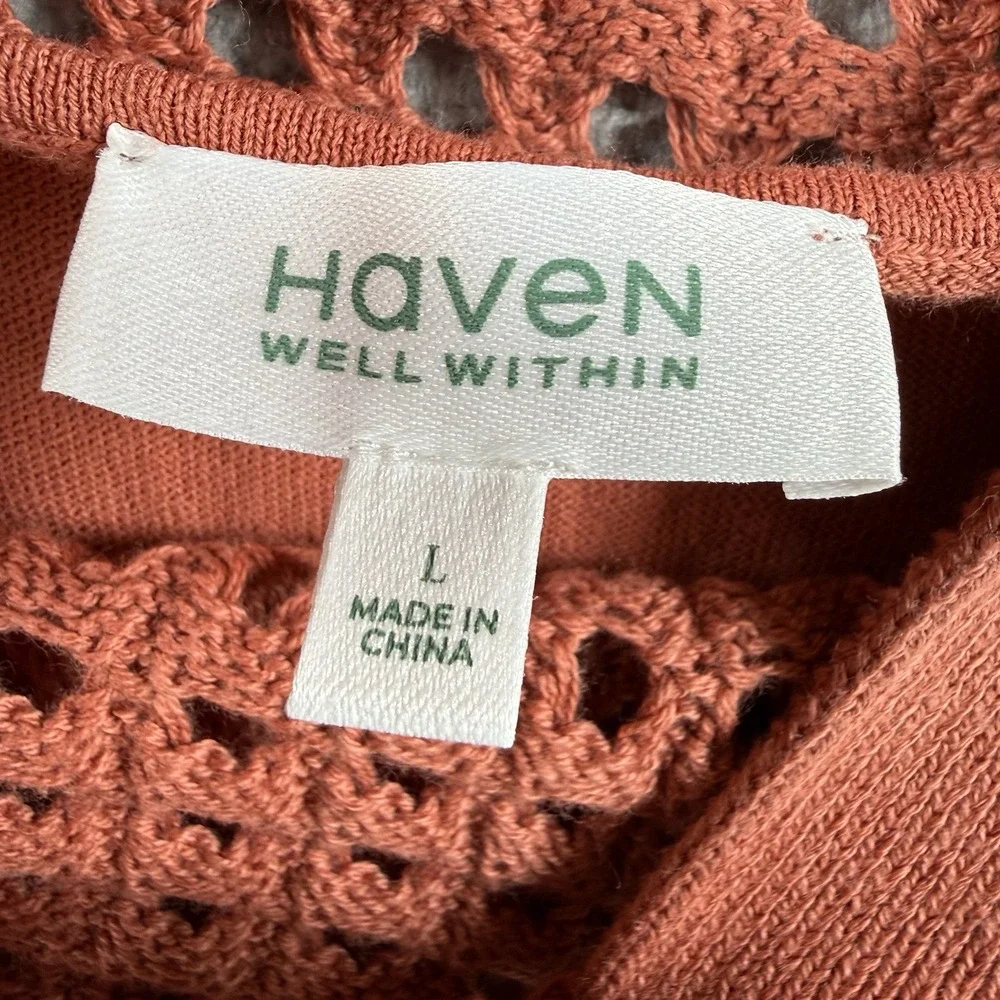Haven Well Within Dress Womens L Midi Open Knit Cami Lined Short‎ Sleeve Resort